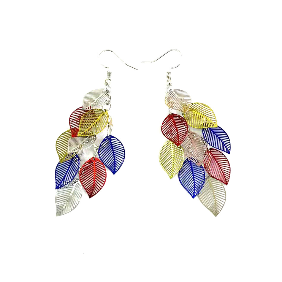 New European and American color-blocked leaf nine-piece earrings, fresh and colorful tassel leaf earrings, cross-border popular earrings pic 9