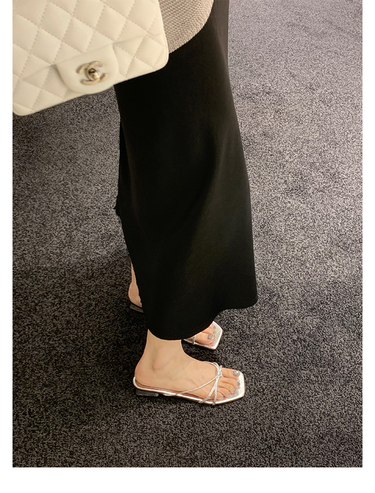 羊皮版葡萄妈同款法式方头高跟鞋细带粗跟平底拖鞋女夏季扭结凉拖详情39