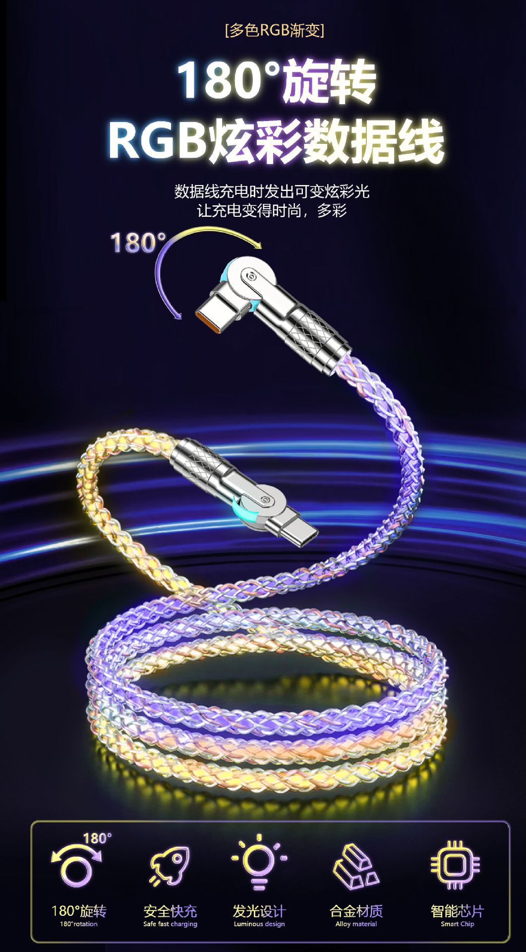 RGB渐变双头旋转数据线车载氛围超级快充适用华为苹果手机充电线详情5