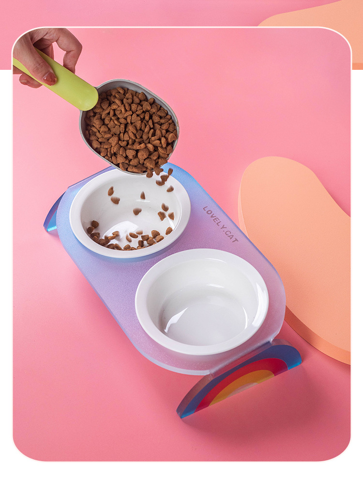 猫碗陶瓷双碗水碗粮碗高脚倾斜护颈椎宠物碗彩虹亚克力架宠物用品详情9