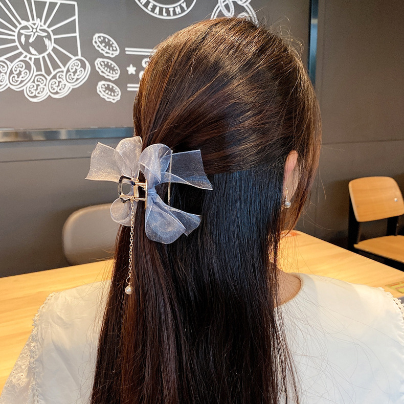 Mesh bow clip, Korean-style pearl tassel pendant hair clip, ancient style, super ethereal hair accessory, updo, shark clip pic 11