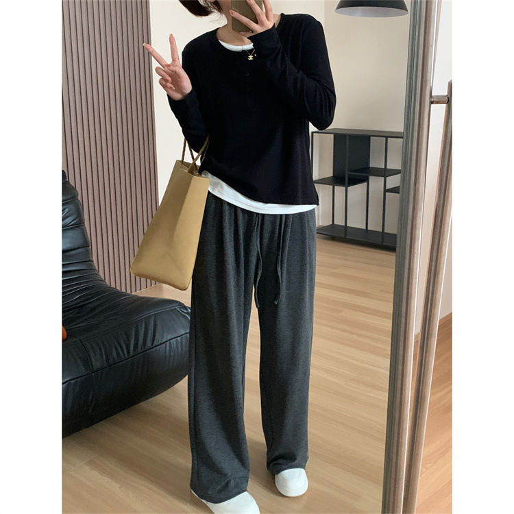 直播热卖原厂小排扣纯色显瘦长袖圆领黑白假两件T恤女秋冬打底衫详情12