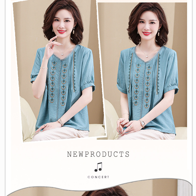 2023 Summer short-sleeved set for middle-aged mothers, a new summer style of loose, stylish and youthful embroidered T-shirt for women pic 19
