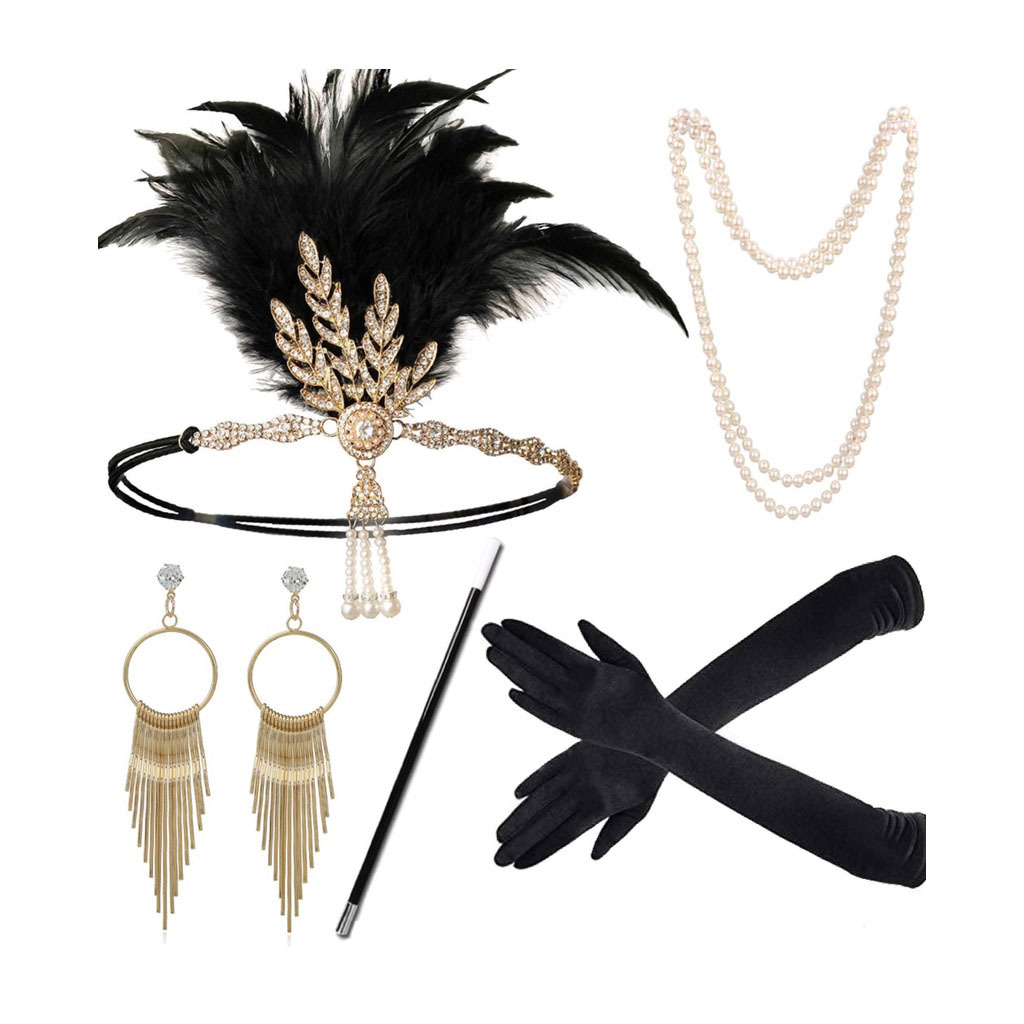 Gatsby Party Feather alloy headband, pearl necklace, cigarette stick glove set, retro Hepburn outfit accessories pic 14