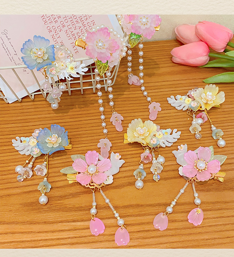 Children's hairpins, girls' super fairy-like ancient costume flower hair clips, Chinese-style stepping tassel hair clips, hair accessories, Hanfu headwear for girls pic 12