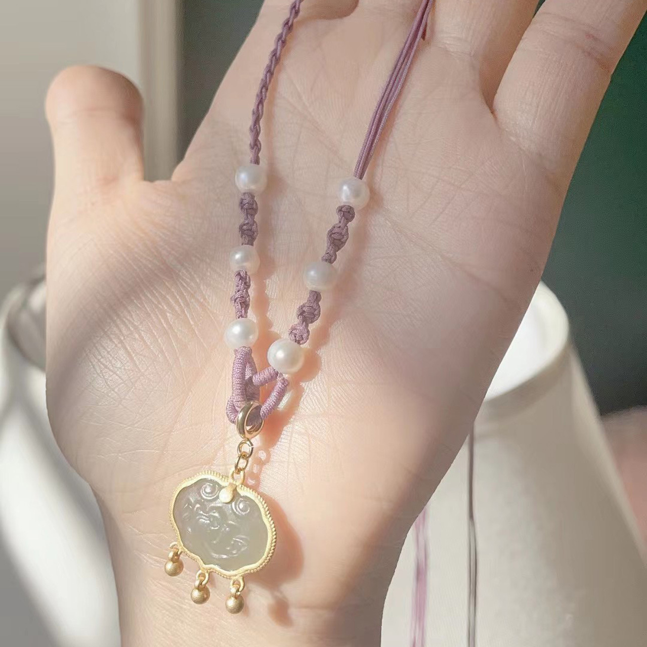 Natural Hetian jade lotus lock pendant necklace, hand-woven freshwater pearl collarbone chain for women, fashionable and versatile pic 13