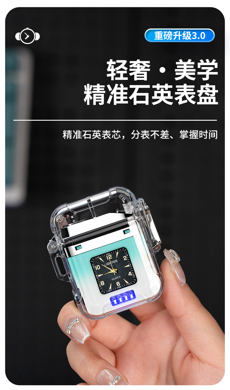 New dual-arc charging lighter, waterproof and windproof lighting lamp, USB quartz watch, Wenzhou transparent lighter pic 5
