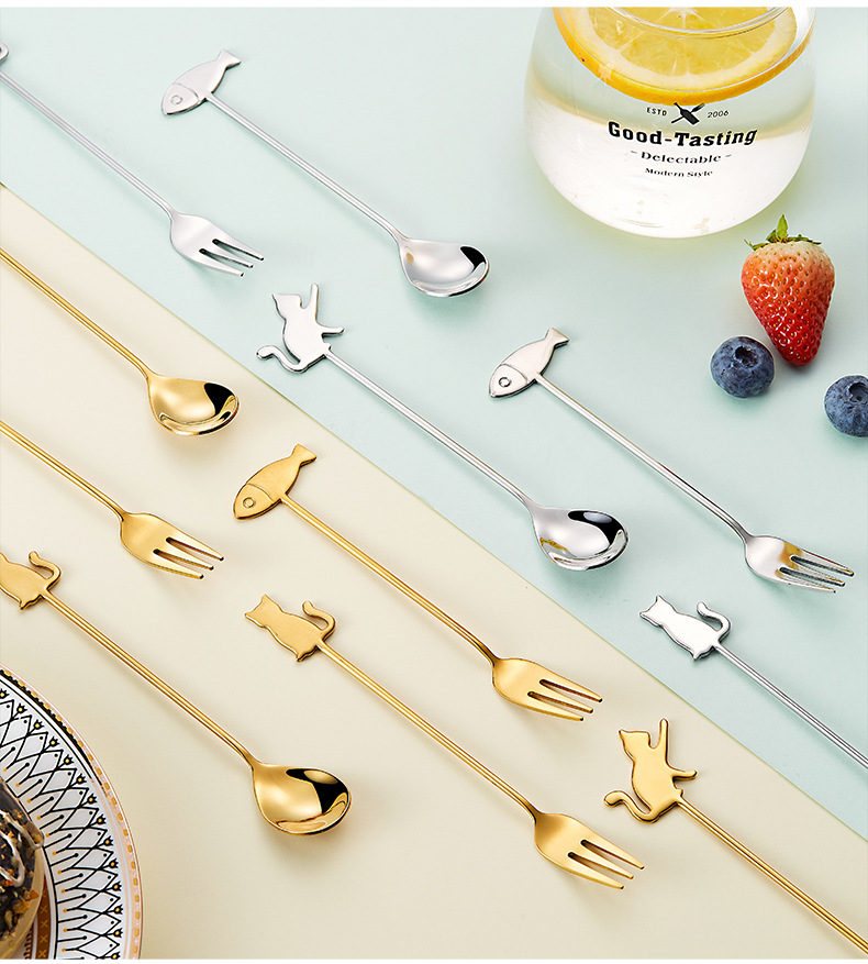 Cat Little Fish Dessert 304 stainless steel fork and spoon, Japanese small round handle hanging cup, cartoon cute coffee stirring spoon pic 27
