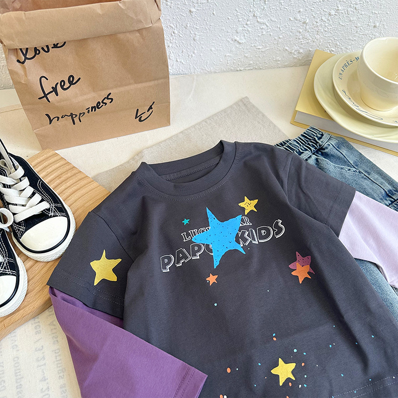 Two new T-shirts for boys in spring 2025, color-block star print long-sleeved baby top, trendy CY255006 pic 3