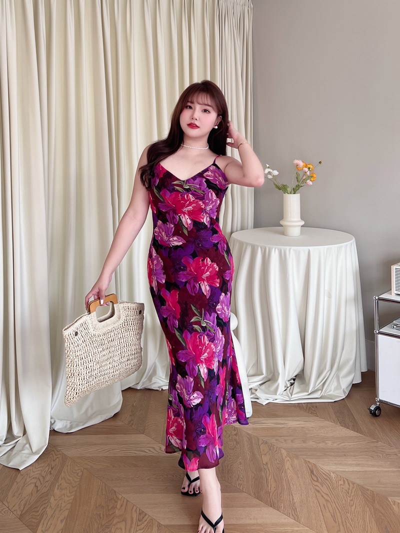 润其N8725法式收腰紫花鱼尾吊带裙批发 大码女装吊带连衣裙详情12