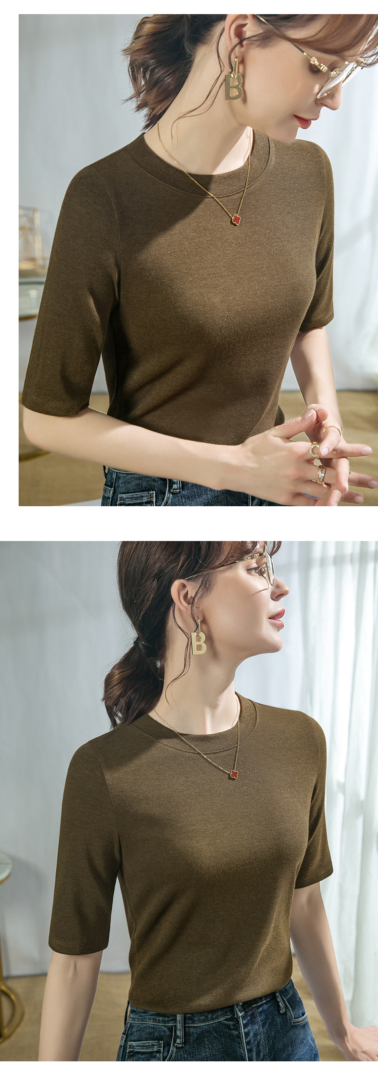 莫代尔棉上衣圆领薄绒打底衫女秋装2024新款内搭五分袖t恤女修身详情25