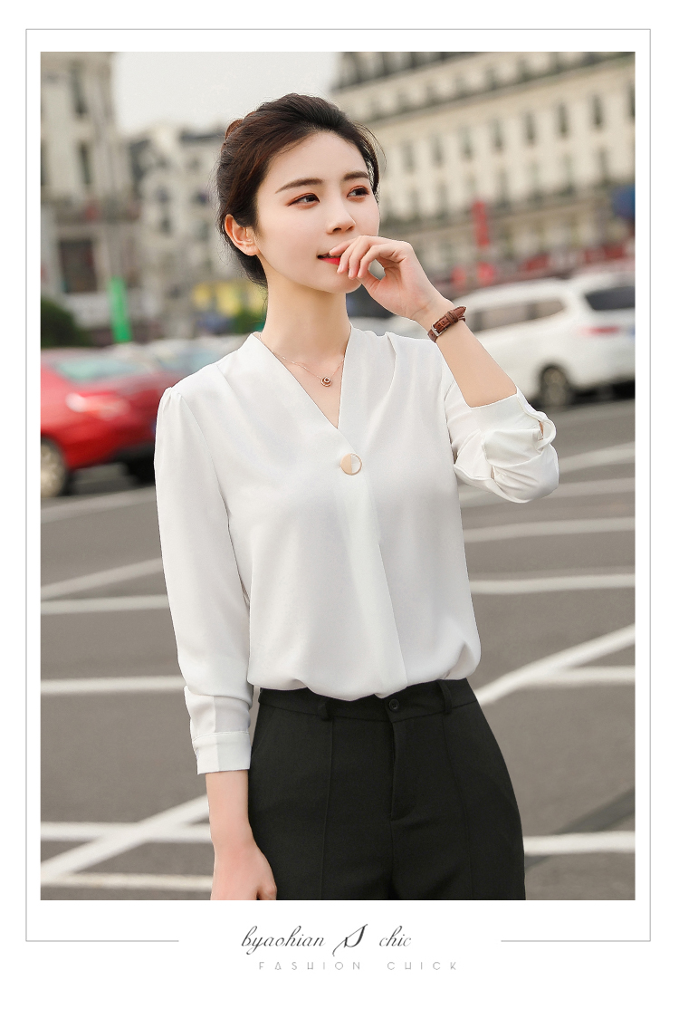 职业装短袖衬衫女2024春夏新款ol纯色气质V领牛奶丝白领打底衬衣详情19