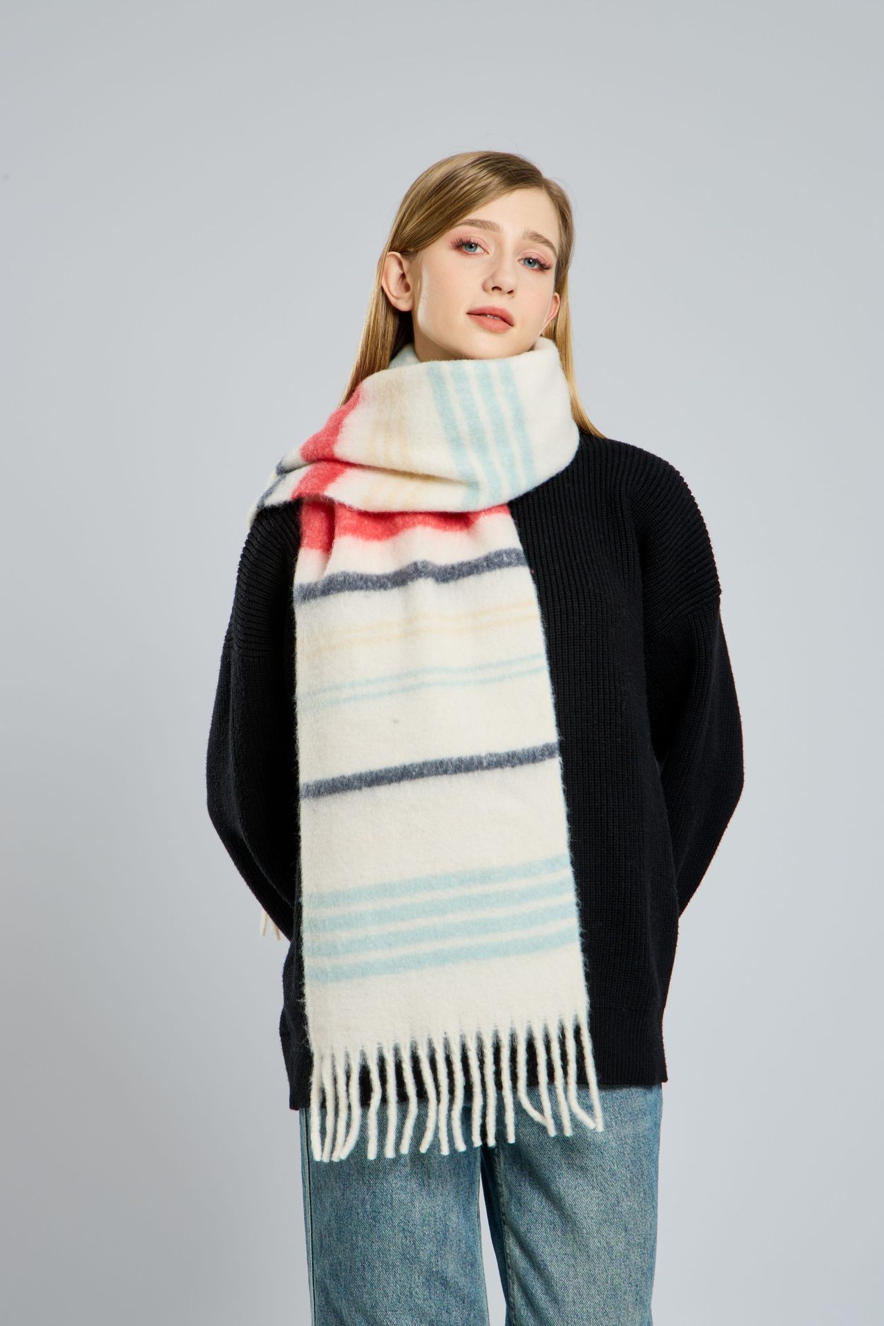 Korean-style knitted woolen scarf for women, thickened mohair for autumn and winter, warm in winter, versatile scarf, red shawl pic 7