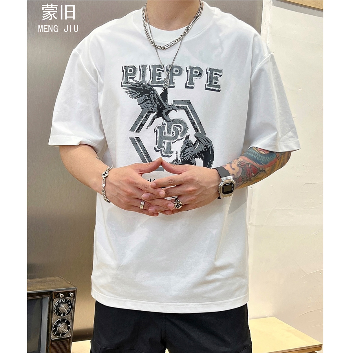 潮牌ins夏季新款t恤男宽松纯棉短袖潮流印花烫钻圆领半袖男士上衣详情6