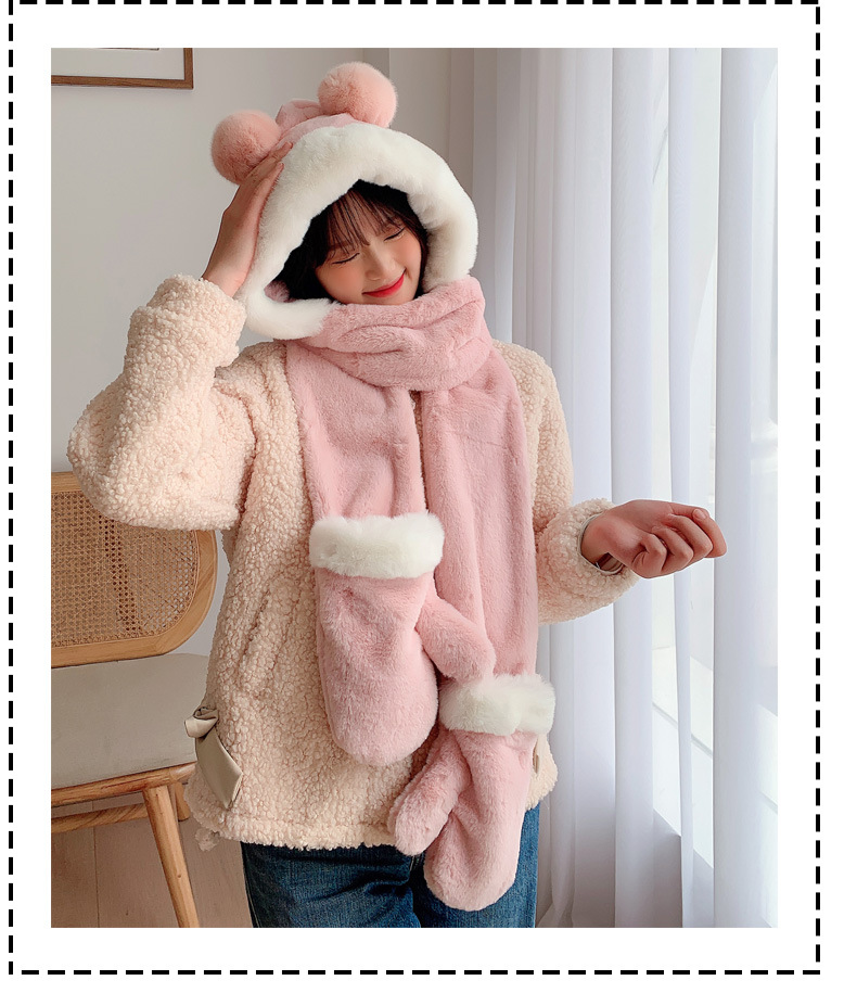 Warm hat for women, sweet and cute in autumn and winter. Winter cartoon scarf in one piece. Korean-style ear-protecting gloves in three pieces for winter pic 14