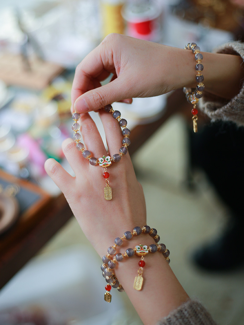 2022 Natural Smoky purple agate tassel Bracelet, small lion dance, Wealth Luck, National Trend and Ethnic Style Jewelry Gift pic 3