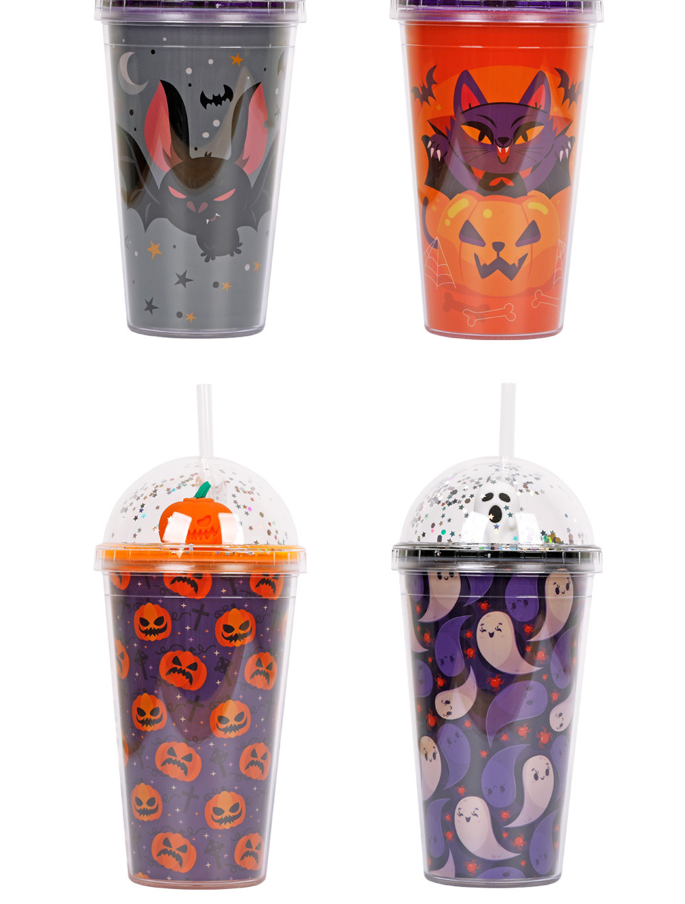 30013 450ml Halloween Micro-Landscape Cartoon Sequin Water Cup Double-layer Plastic Straw Cup Summer Ice Cup pic 14