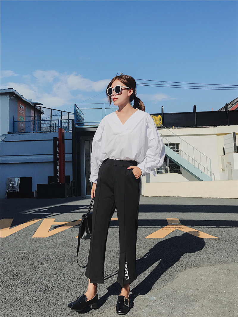 High-waisted, letter-printed black, slightly flared, fashionable, slit straight 9-inch casual pants pic 9