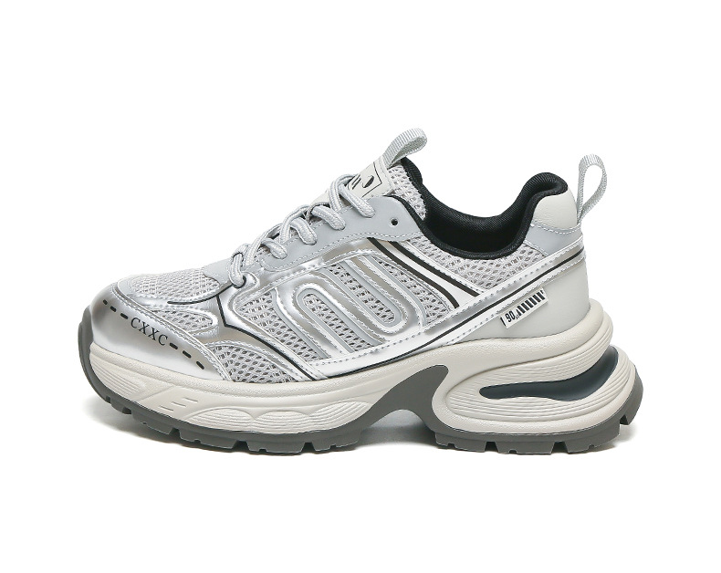 银色老爹鞋女百搭防滑2024夏季运动鞋子女红色透气轻便增高跑步鞋详情36