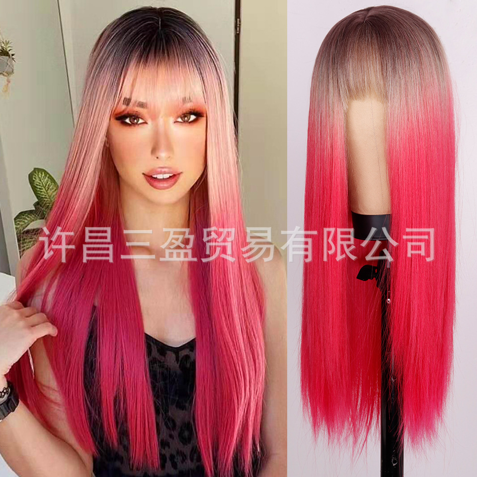 Wholesale of European and American cross-border wigs with straight bangs and long, straight hair made of high-temperature synthetic fiber pic 18