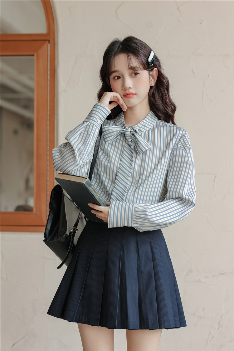 2024秋季新款韩版蓝色条纹通勤衬衣女长袖系带蝴蝶结宽松衬衫上衣详情12