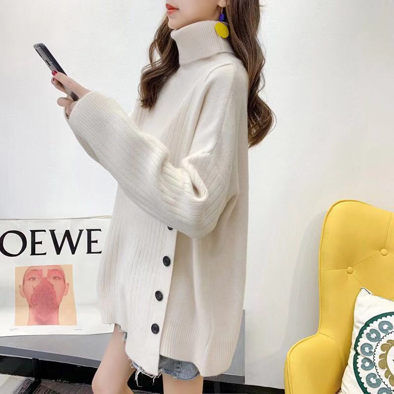 A new Korean style high-neck sweater for women in the autumn and winter of 2023, a loose and laid-back mid-length irregular knitted top pic 14