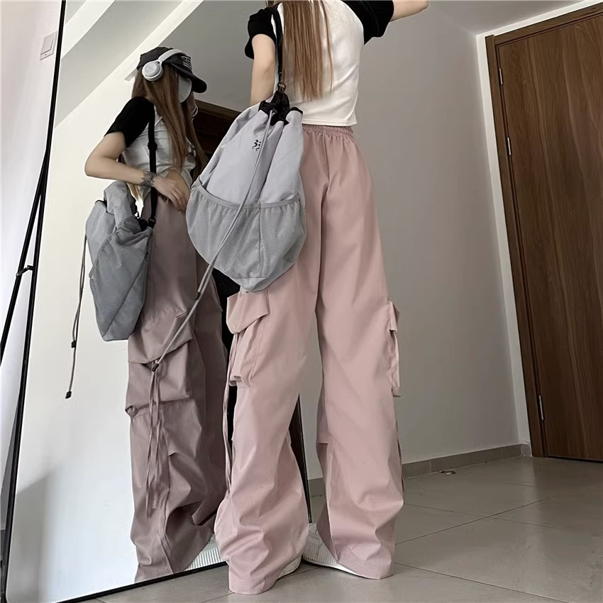 美式复古小众工装裤女立体口袋高腰直筒阔腿飘带宽松休闲拖地长裤详情8