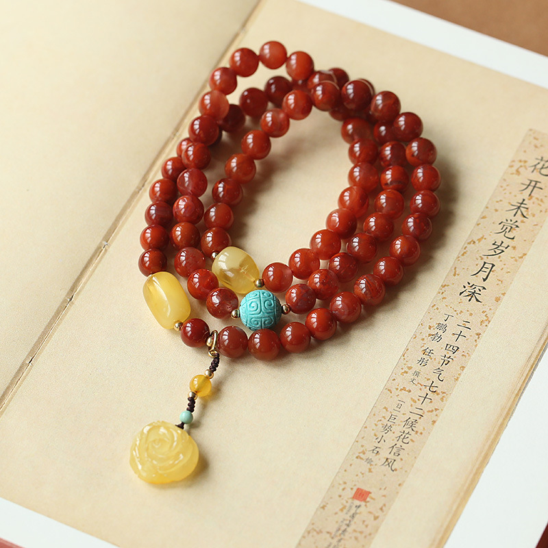 Natural three-circle flame red South red bracelet, turquoise meander beads with amber bucket beads and amber rose pendant bracelet pic 3