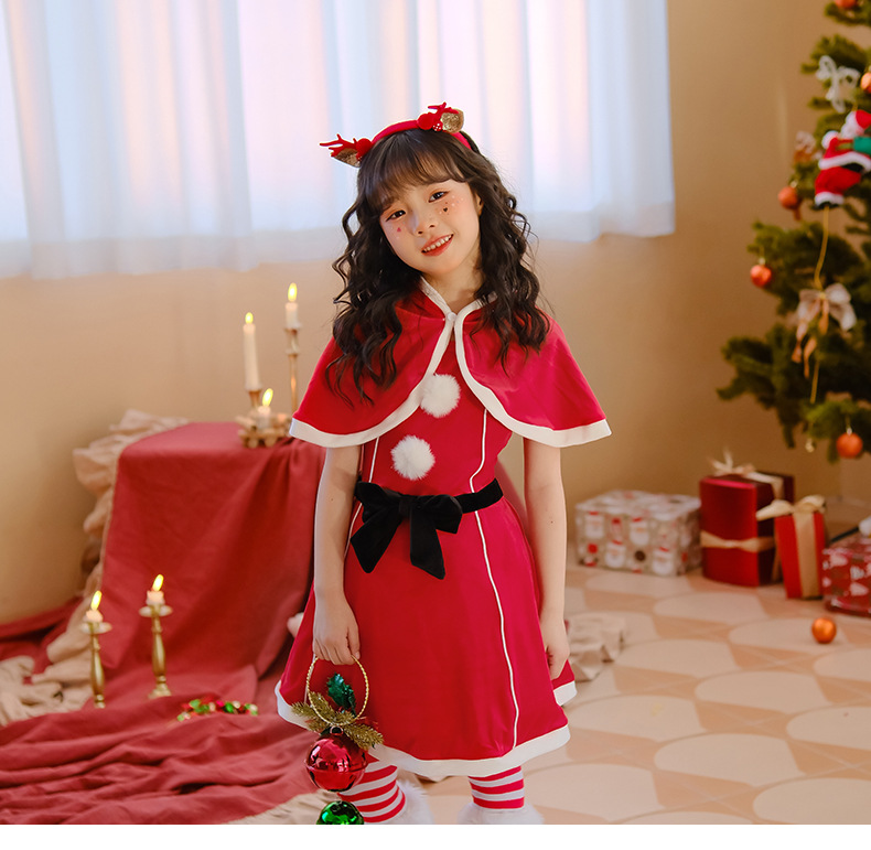 圣诞节儿童服装女童披肩斗篷连衣裙红色裙子派对装扮服饰圣诞老人详情19