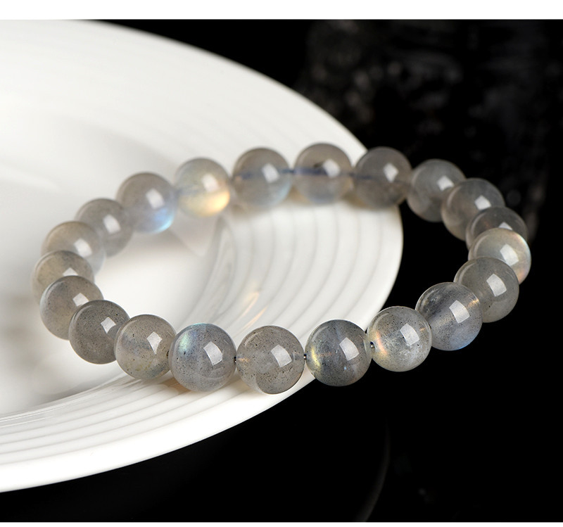 Jiuya Crystal Natural Moonstone Loose Bead Bracelet, Pure Body Color Light Gray Moonlight Elongated Stone Round Bead Bracelet pic 17