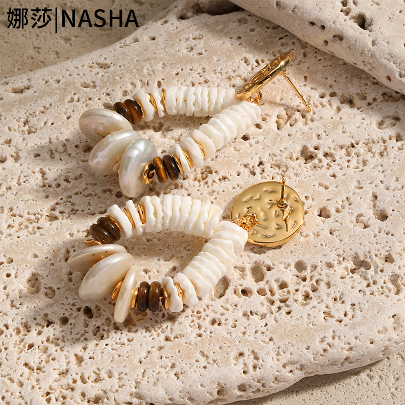 娜莎首饰套装美拉德风巴洛克珍珠贝壳虎眼石串珠项链耳环饰品套装详情13