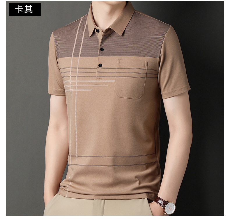 爸爸装夏季翻领冰丝短袖t恤男真口袋薄款条纹中老年男士polo衫详情45