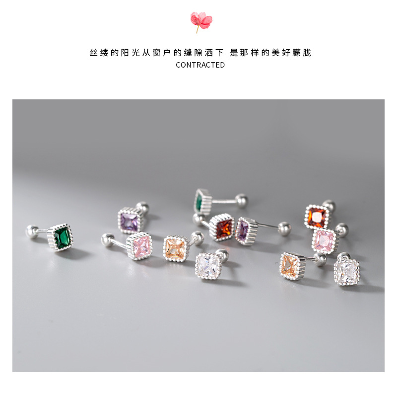 999 square color diamond screw stud earrings, simple and delicate, pure silver, sweet and elegant, forest-style ear-nourishing earrings pic 15
