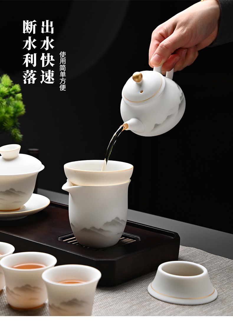 High-end kung Fu tea set, household light luxury sheep fat jade gilded covered bowl teapot tea set, complete set wholesale pic 11