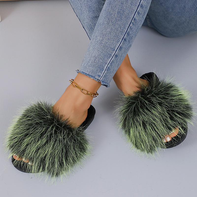 2024新款长毛绒拼色平底毛毛拖鞋女秋冬居家室内地板拖外贸一字拖详情15