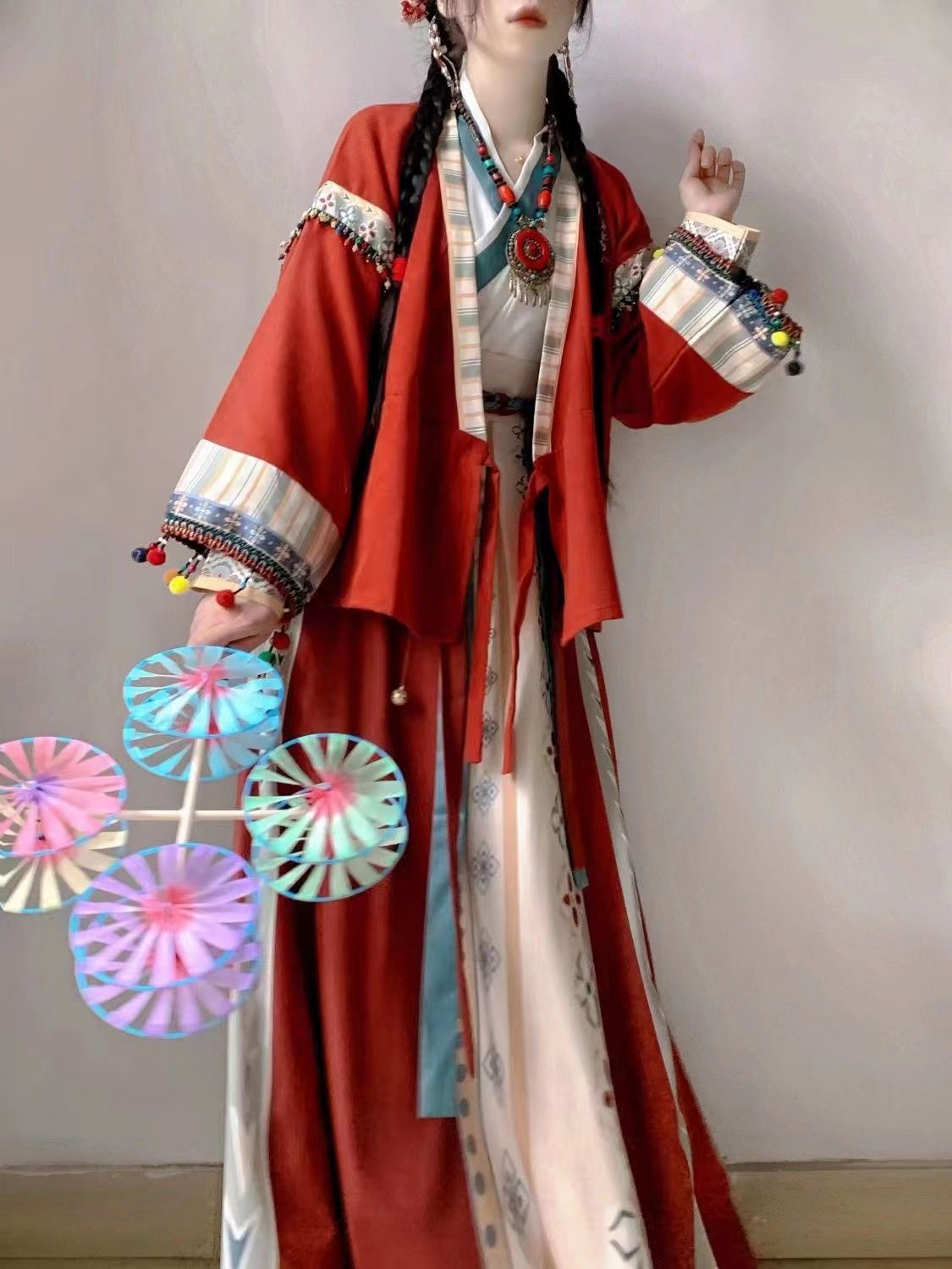 国潮新款魏晋唐褙子三件套【红不拉叽】汉服正版女成人国风套装拜年服详情3
