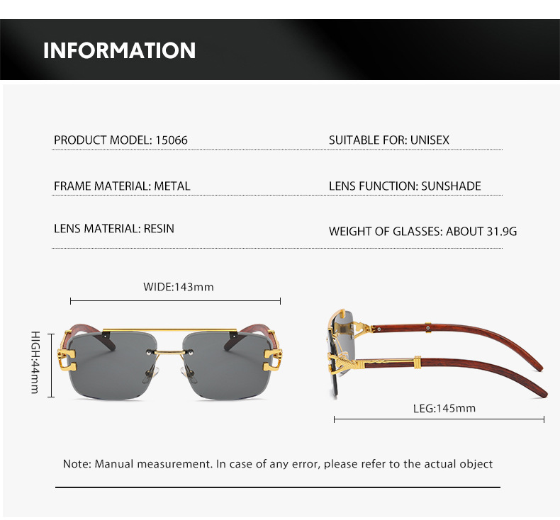 无边框太阳镜女复古方框木纹腿墨镜男ins潮双梁防紫外线太阳眼镜详情7