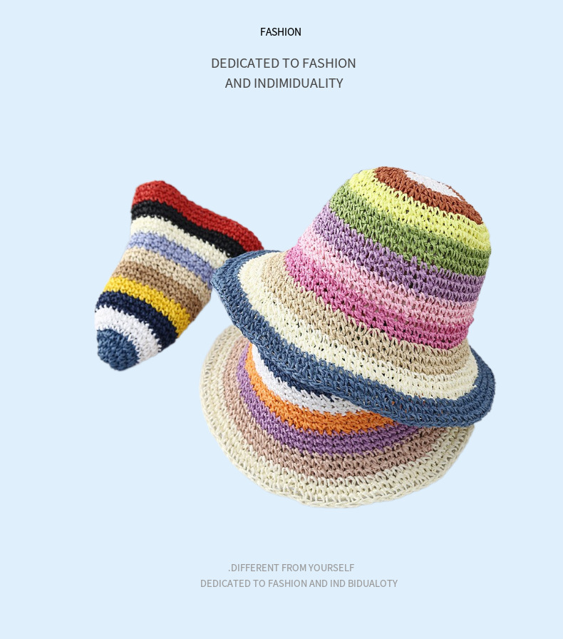 夏季韩国遮阳帽海边防晒帽子女小清新编织渔夫帽彩虹手工草帽详情6