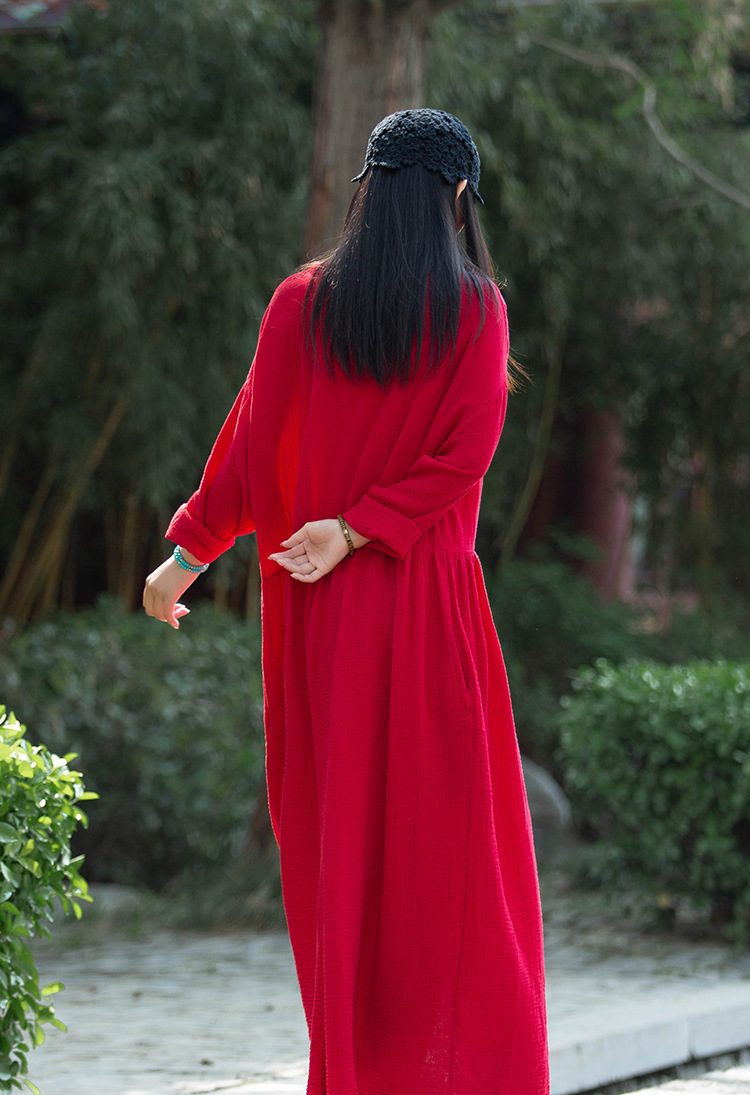 Spring and summer V-neck textured natural linen loose robe, double-layer large hem elegant long dress, retro fairy dress pic 14