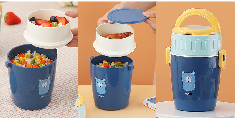 日式双层密封手提餐盒分格饭盒密封塑料黄小鸭便当盒可微波炉加热详情2