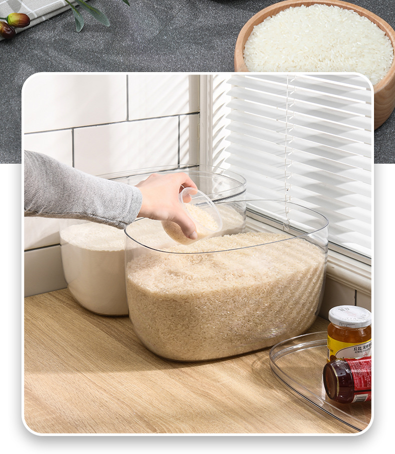 W15-A46 Large covered kitchen rice bucket transparent PET sealed dust-proof and insect-proof storage box for kitchen clutter organization pic 9