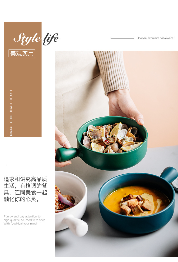 Nordic creative handle bowls, baking bowls, baked rice bowls, ceramic tableware, instant noodle bowls, Japanese handle bowls, breakfast salad bowls pic 9
