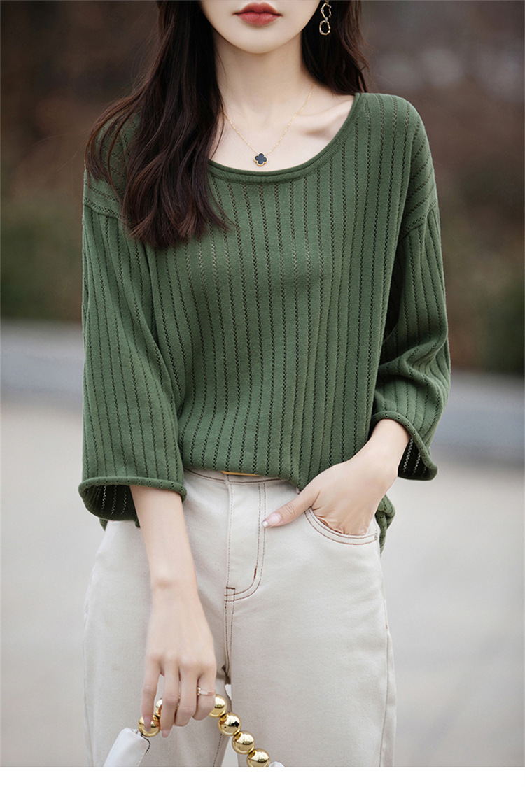 七分袖中袖夏女装纯棉镂空针织套头T恤清凉针织衫宽松版套头大码详情5