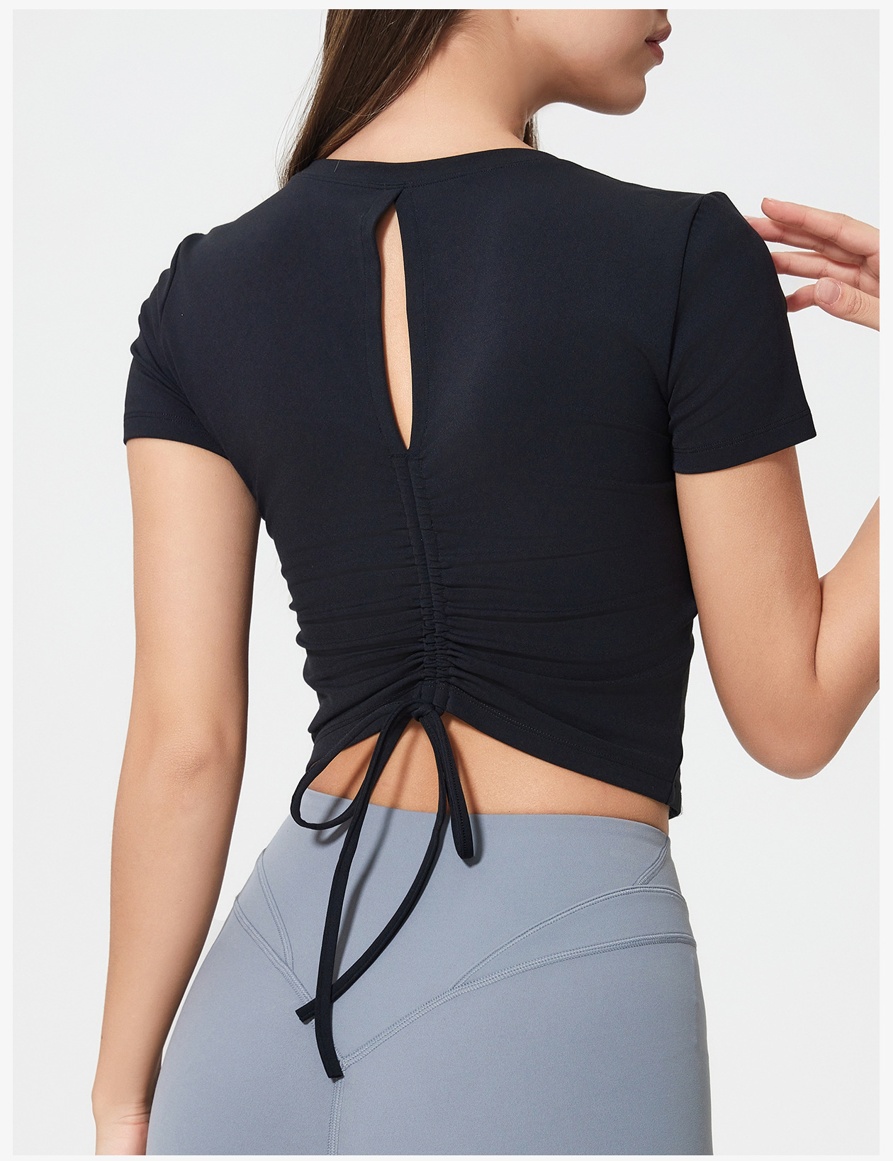 裸感亲肤健身t恤女短款百搭抽绳运动上衣固定杯瑜伽短袖D25061详情23