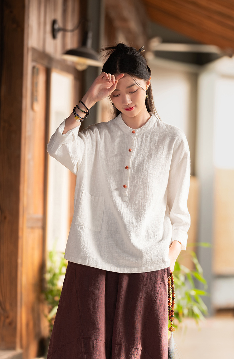 2024春夏棉麻女装新品亚麻立领拼色盘扣套头大码上衣女式棉麻衬衫详情36