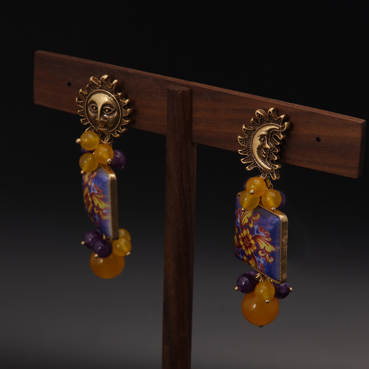 中古vintage高级感宫廷风小众设计气质复古金做旧流苏耳饰紫色详情4