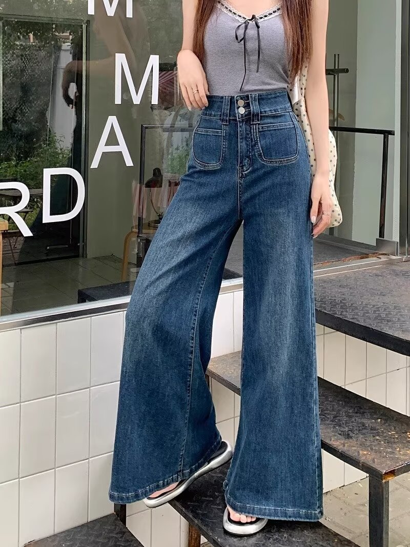 2024春秋季新款蓝色高腰宽松牛仔裤女时尚爆款设计感阔腿直筒长裤详情9