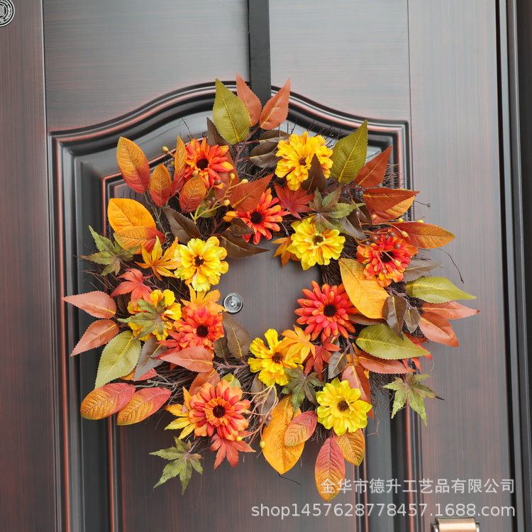 Desheng Cross-border E-commerce Amazon Thanksgiving Harvest Festival Maple Leaf Autumn Flower Sunring Wreath Home Decoration pic 2