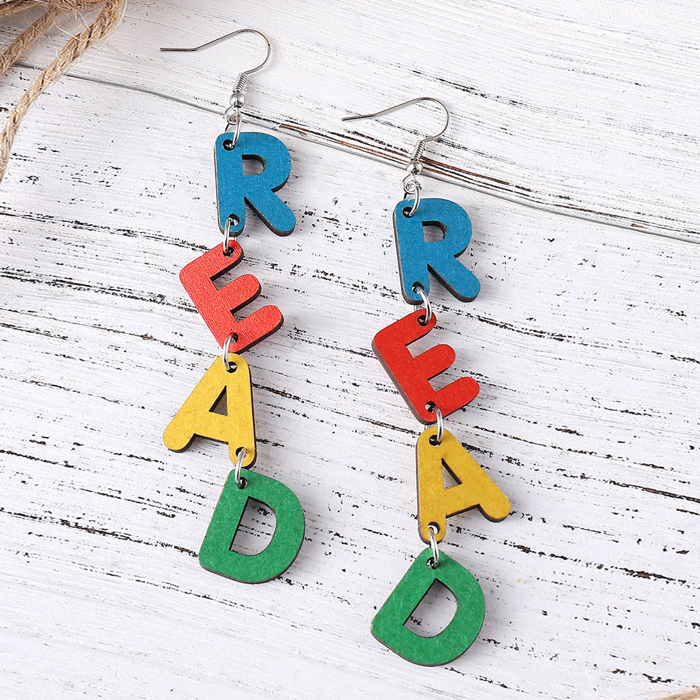 The popular cross-border color letter READ earrings from Europe and America are double-sided wooden earrings for students and teachers during the back-to-school and graduation seasons pic 6