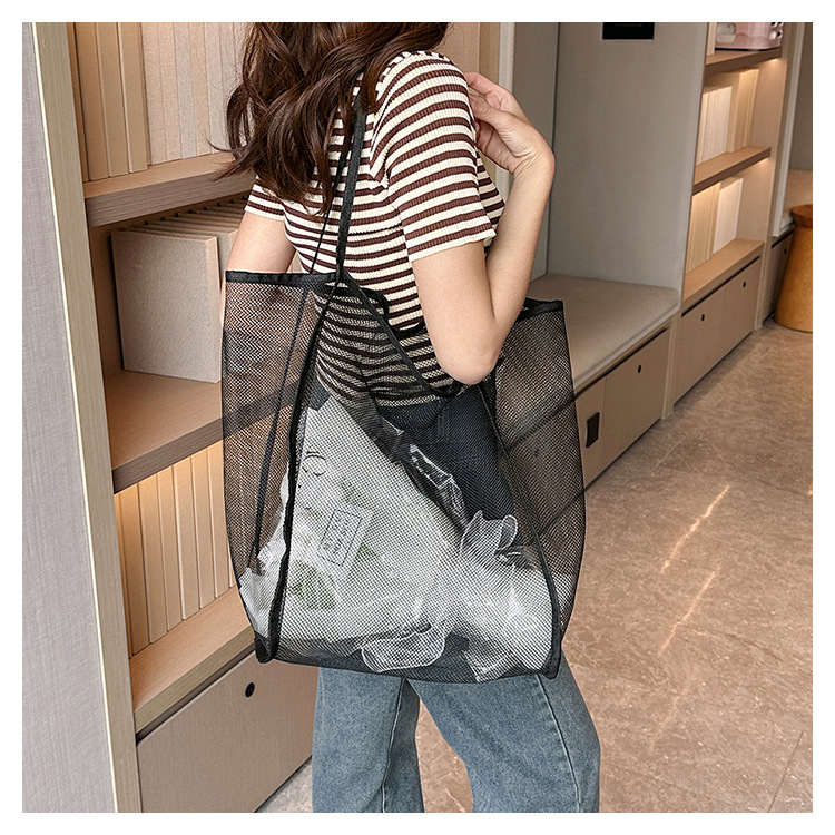 2024夏季新款购物袋纱网透明时尚单肩网纱沙滩包大容量网眼托特包详情55